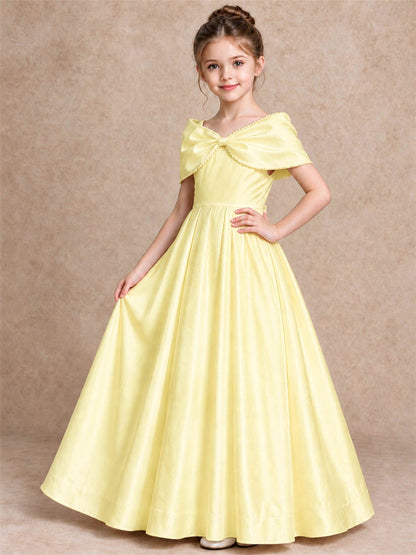 Off Shoulder Satin Flower Girl Dress Pearl Trim Big Bow Princess Gown for Wedding First Communion
