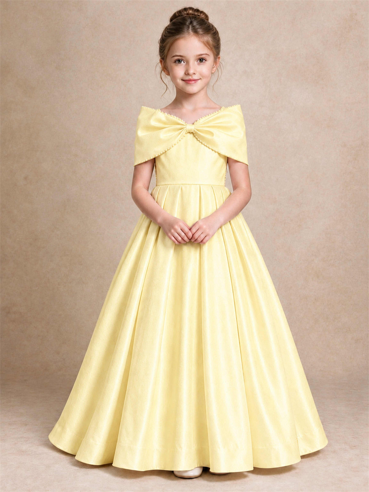 Off Shoulder Satin Flower Girl Dress Pearl Trim Big Bow Princess Gown for Wedding First Communion