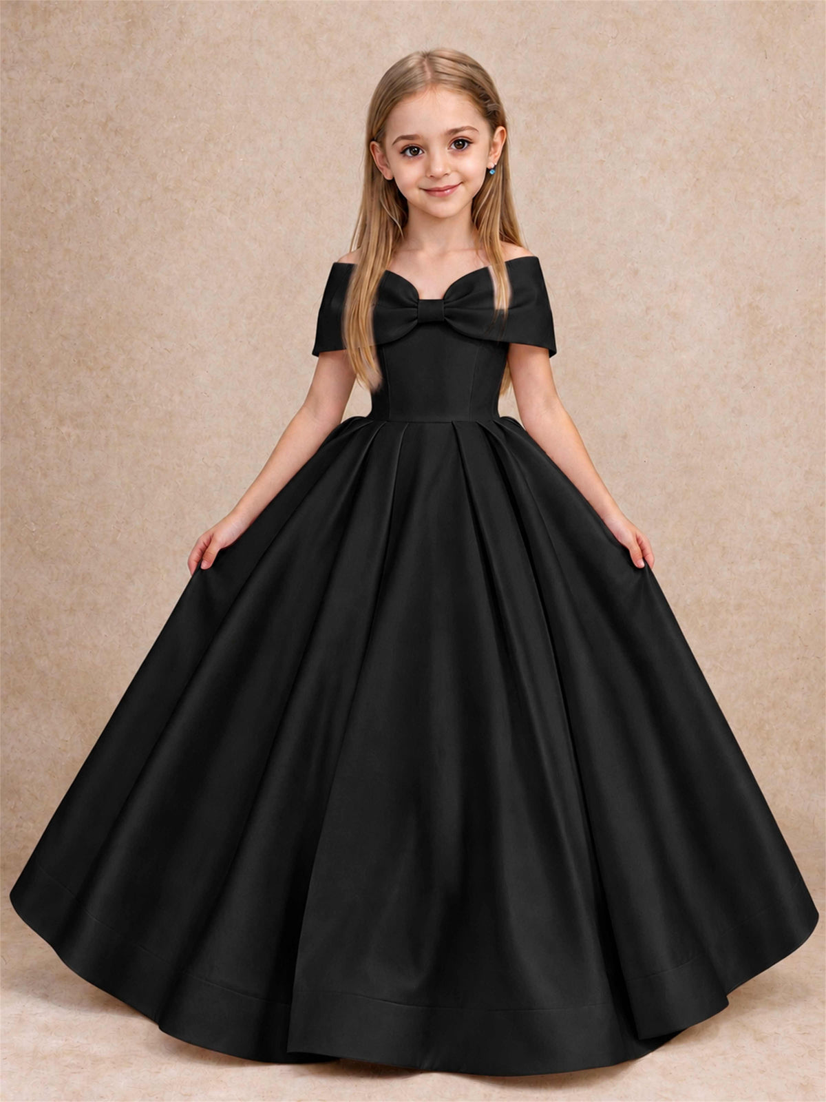Off Shoulder Satin Flower Girl Dress with Bow Floor Length Princess Gown for Wedding First Communion