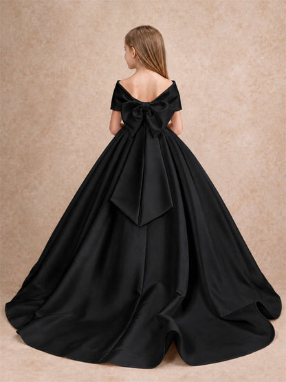 Off Shoulder Satin Flower Girl Dress with Bow Floor Length Princess Gown for Wedding First Communion