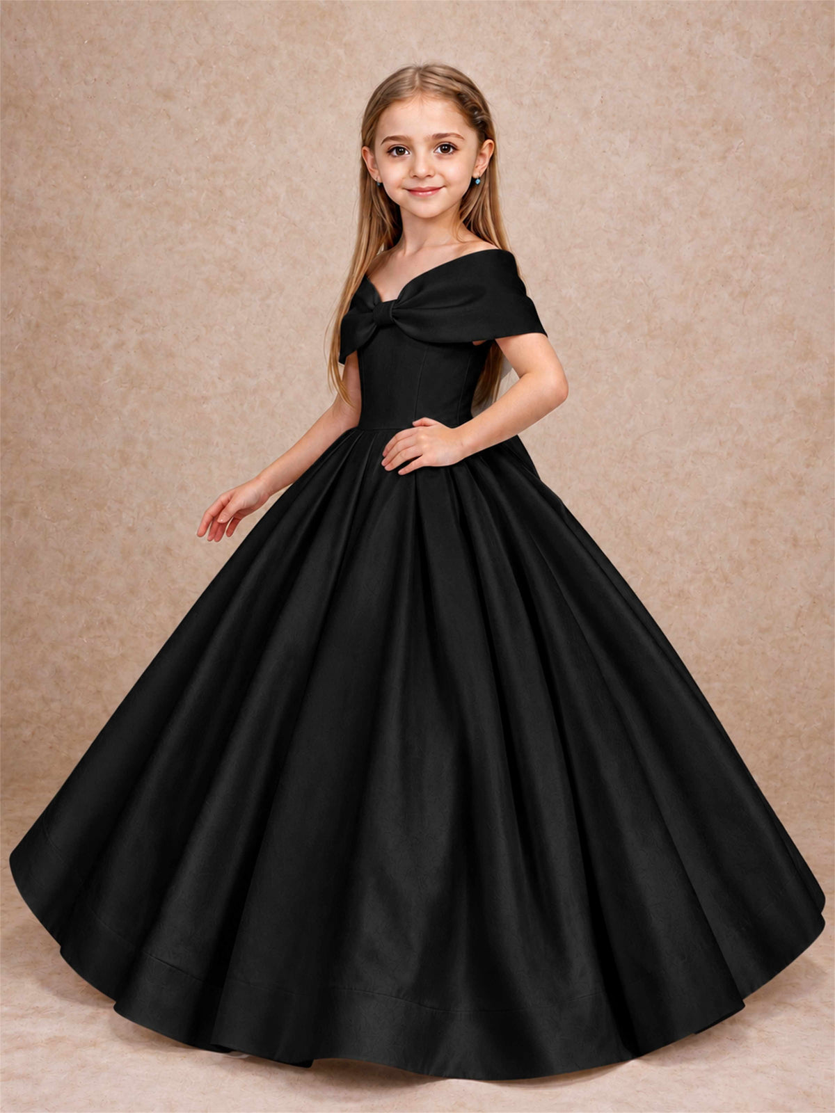 Off Shoulder Satin Flower Girl Dress with Bow Floor Length Princess Gown for Wedding First Communion