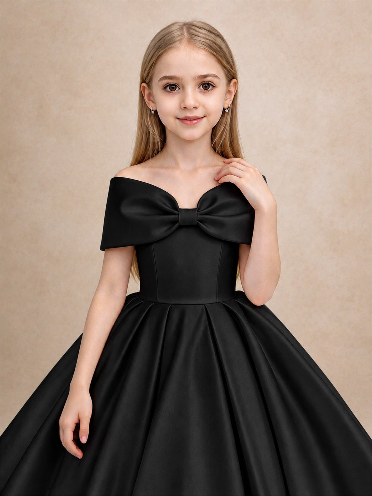 Off Shoulder Satin Flower Girl Dress with Bow Floor Length Princess Gown for Wedding First Communion