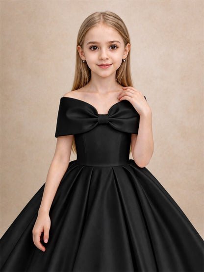 Off Shoulder Satin Flower Girl Dress with Bow Floor Length Princess Gown for Wedding First Communion