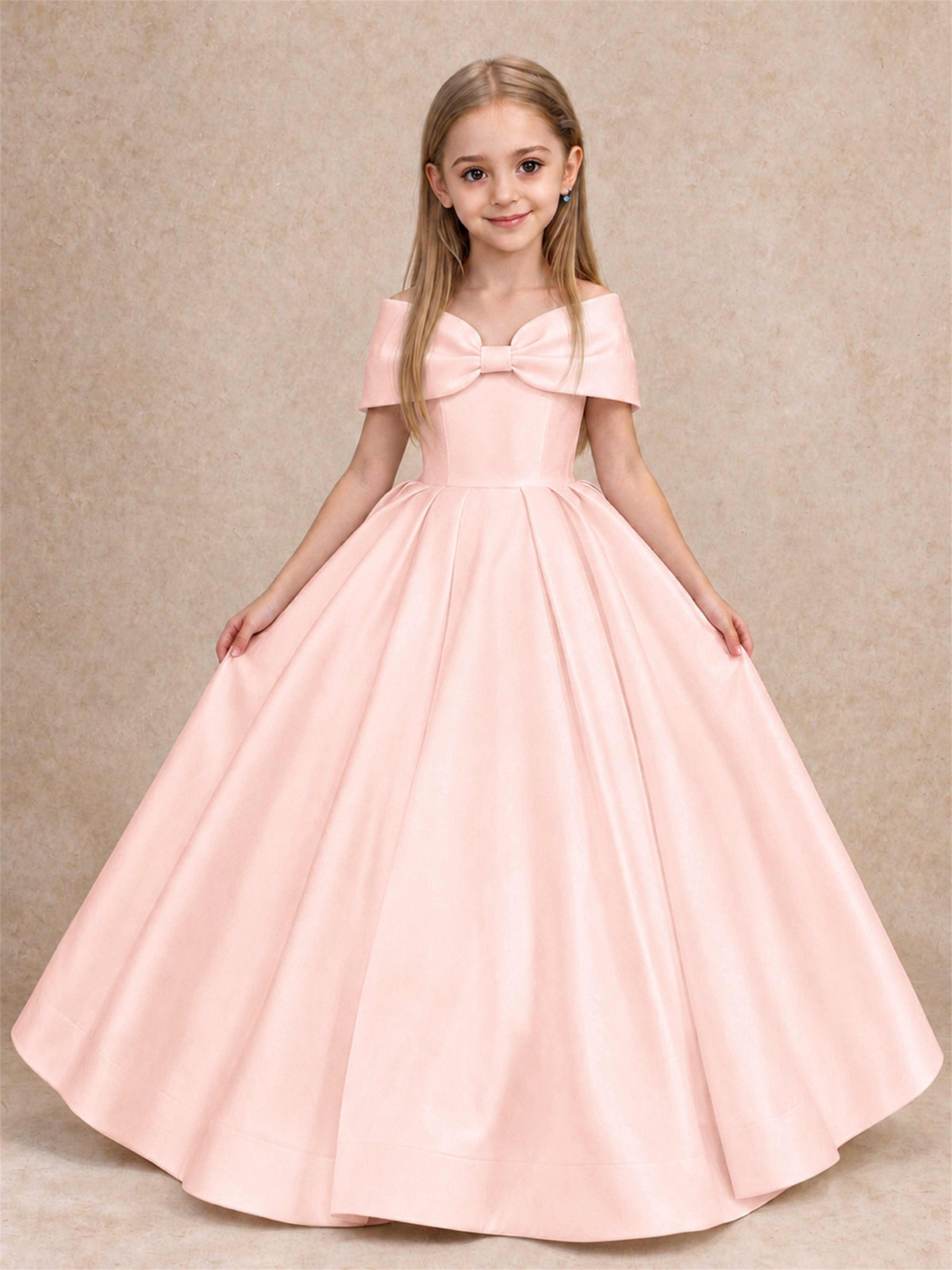 Off Shoulder Satin Flower Girl Dress with Bow Floor Length Princess Gown for Wedding First Communion