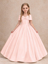 Off Shoulder Satin Flower Girl Dress with Bow Floor Length Princess Gown for Wedding First Communion