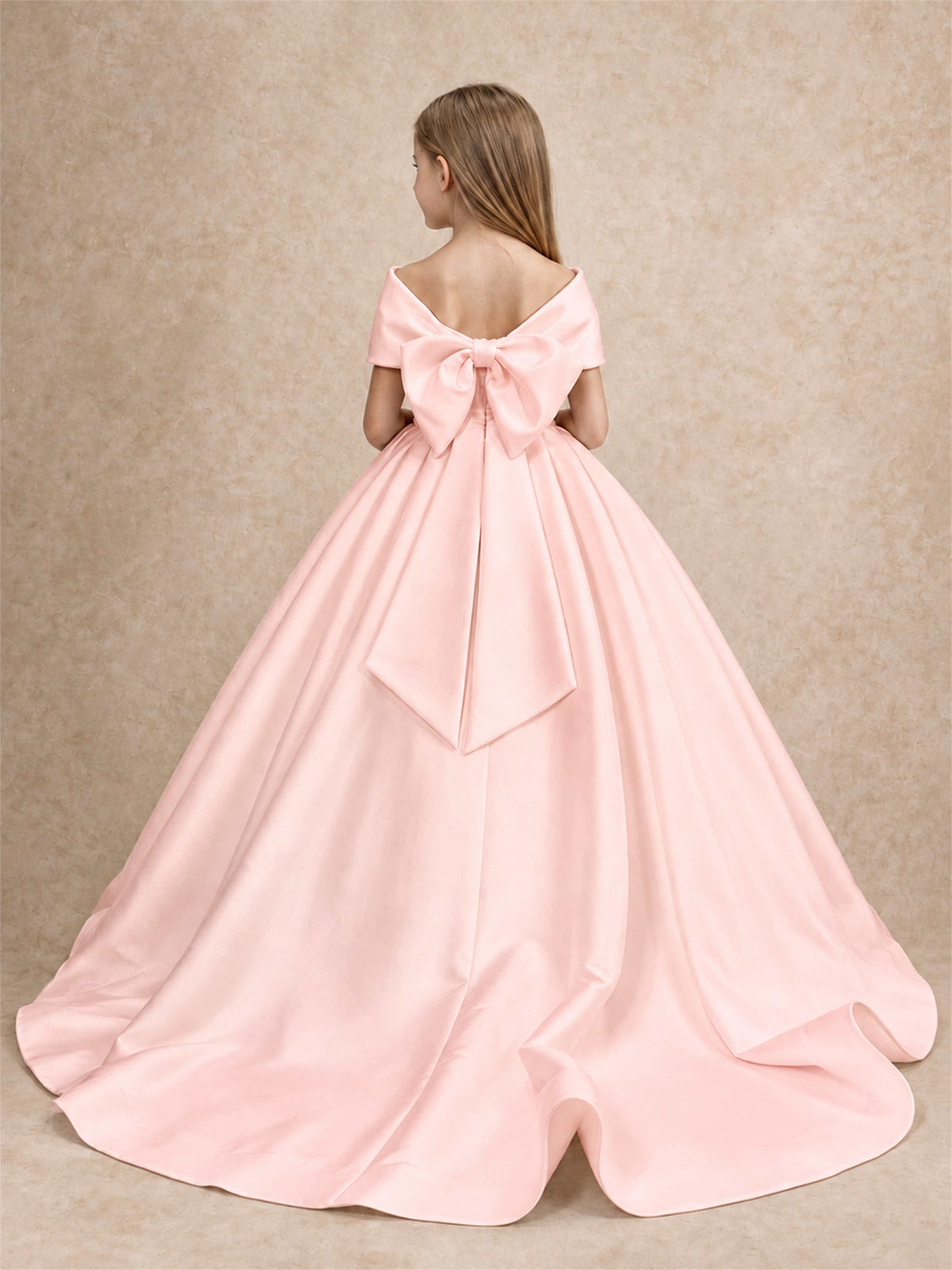 Off Shoulder Satin Flower Girl Dress with Bow Floor Length Princess Gown for Wedding First Communion