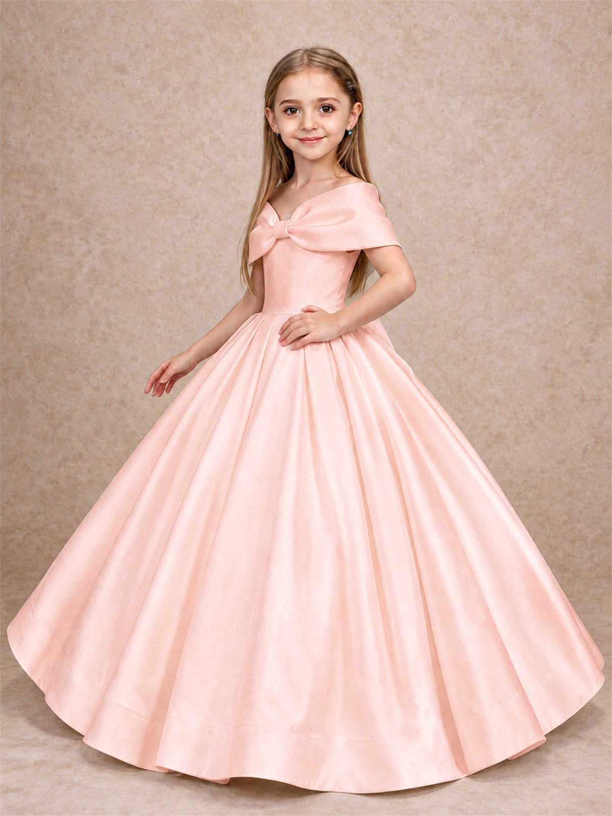 Off Shoulder Satin Flower Girl Dress with Bow Floor Length Princess Gown for Wedding First Communion