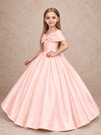 Off Shoulder Satin Flower Girl Dress with Bow Floor Length Princess Gown for Wedding First Communion