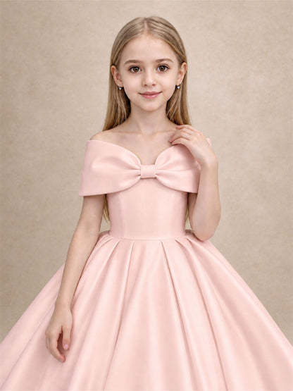 Off Shoulder Satin Flower Girl Dress with Bow Floor Length Princess Gown for Wedding First Communion