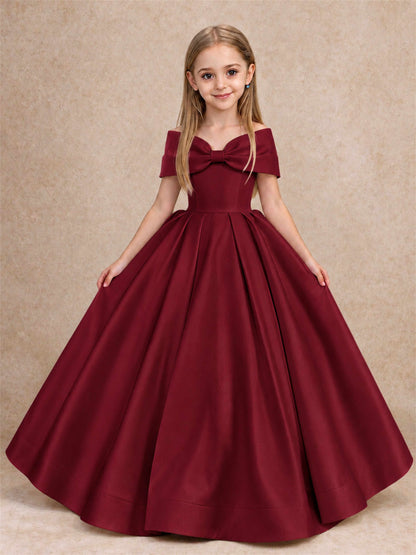 Off Shoulder Satin Flower Girl Dress with Bow Floor Length Princess Gown for Wedding First Communion