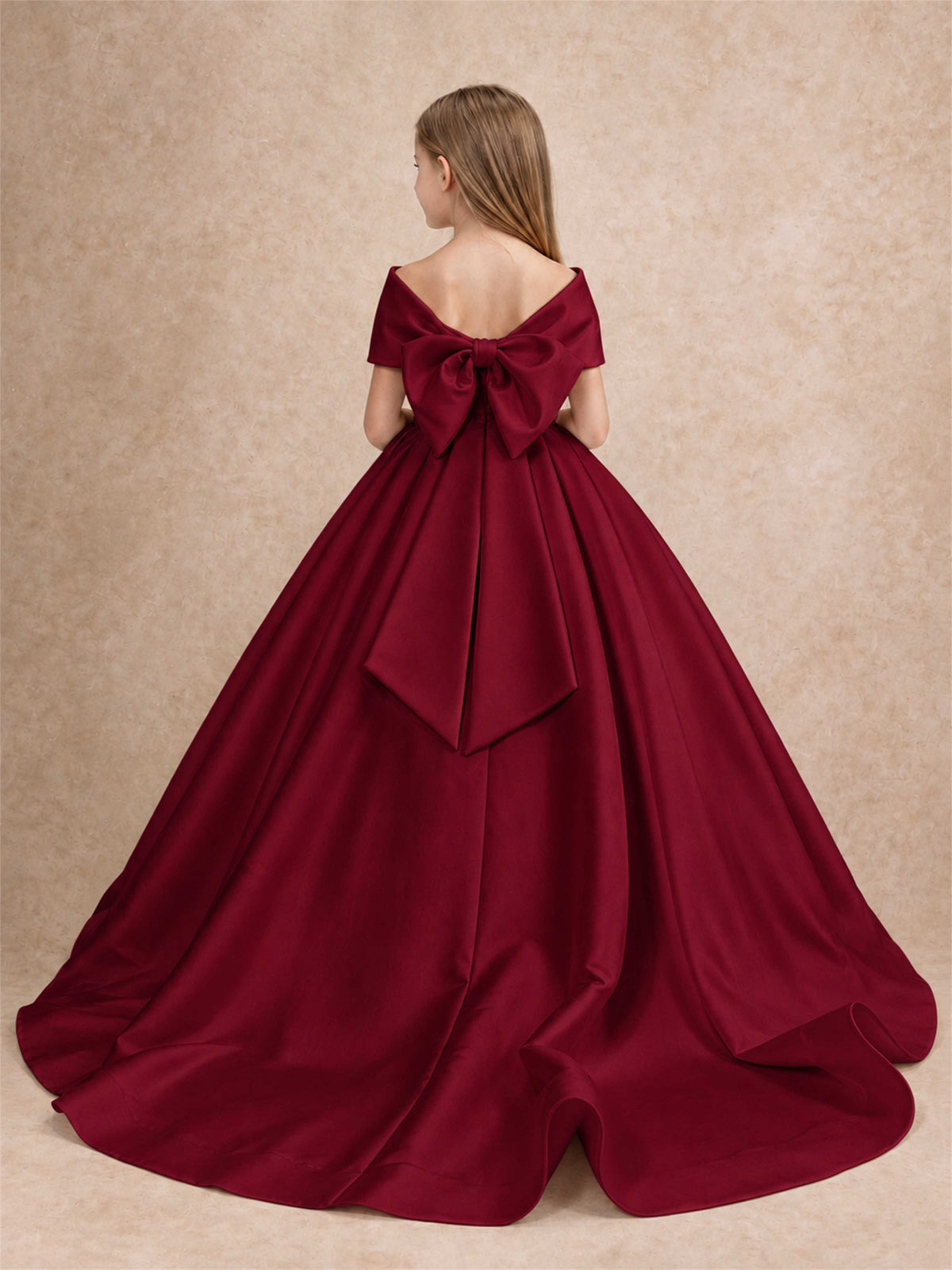 Off Shoulder Satin Flower Girl Dress with Bow Floor Length Princess Gown for Wedding First Communion