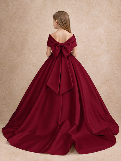 Off Shoulder Satin Flower Girl Dress with Bow Floor Length Princess Gown for Wedding First Communion
