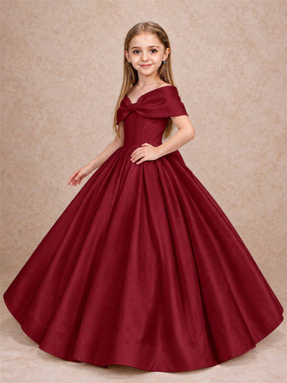 Off Shoulder Satin Flower Girl Dress with Bow Floor Length Princess Gown for Wedding First Communion