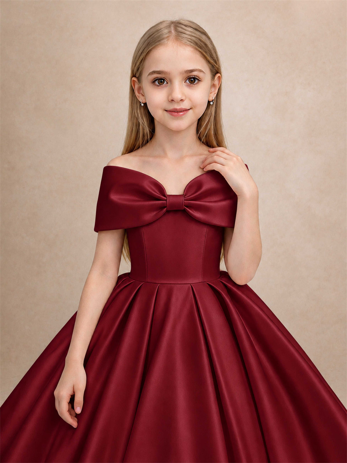 Off Shoulder Satin Flower Girl Dress with Bow Floor Length Princess Gown for Wedding First Communion