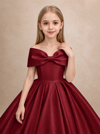 Off Shoulder Satin Flower Girl Dress with Bow Floor Length Princess Gown for Wedding First Communion
