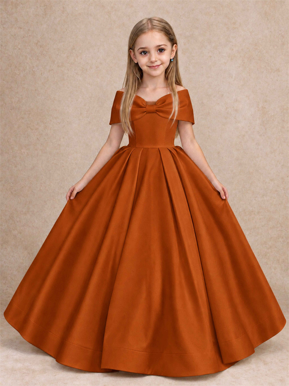 Off Shoulder Satin Flower Girl Dress with Bow Floor Length Princess Gown for Wedding First Communion