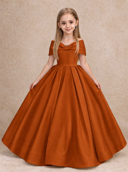 Off Shoulder Satin Flower Girl Dress with Bow Floor Length Princess Gown for Wedding First Communion