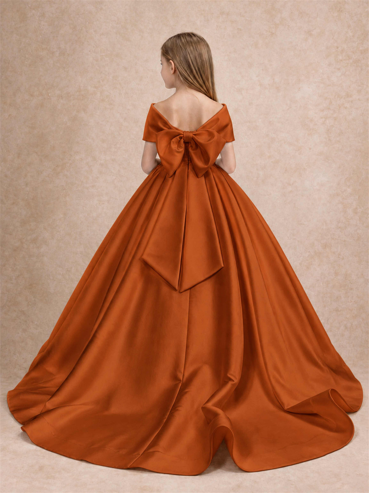 Off Shoulder Satin Flower Girl Dress with Bow Floor Length Princess Gown for Wedding First Communion