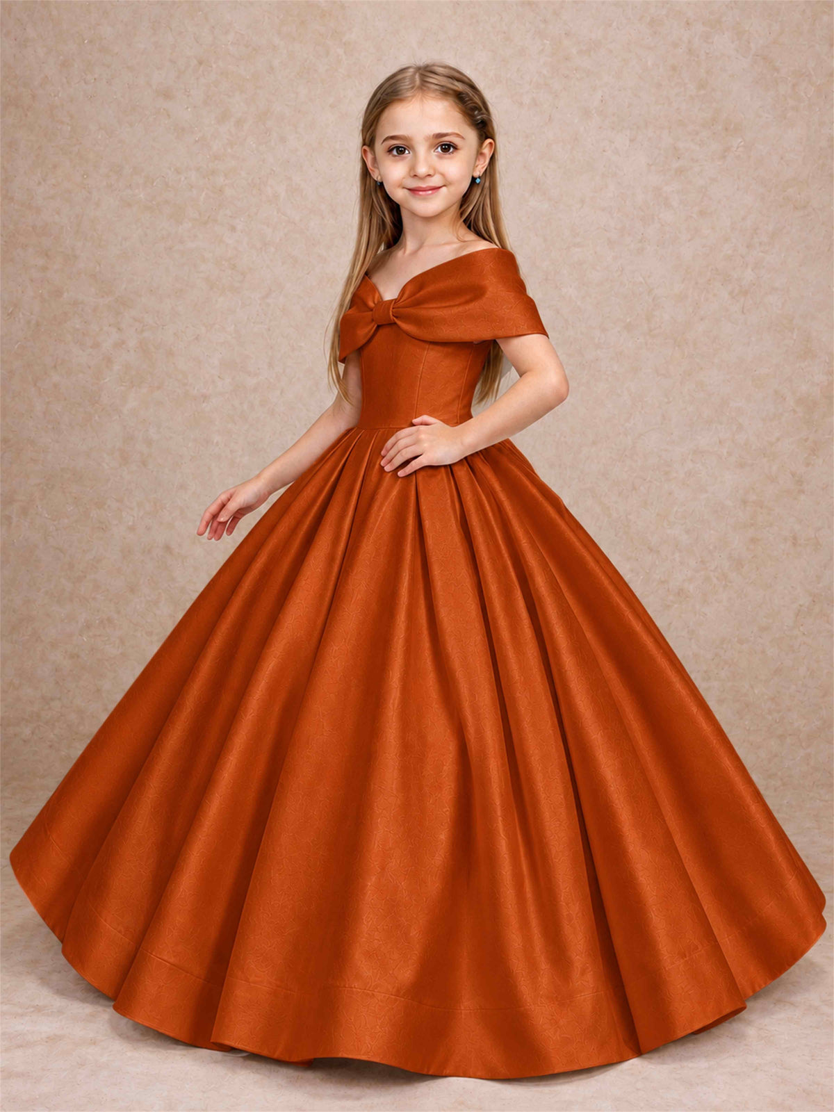 Off Shoulder Satin Flower Girl Dress with Bow Floor Length Princess Gown for Wedding First Communion