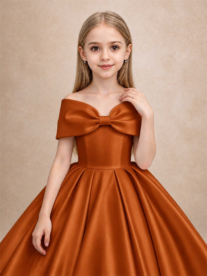 Off Shoulder Satin Flower Girl Dress with Bow Floor Length Princess Gown for Wedding First Communion