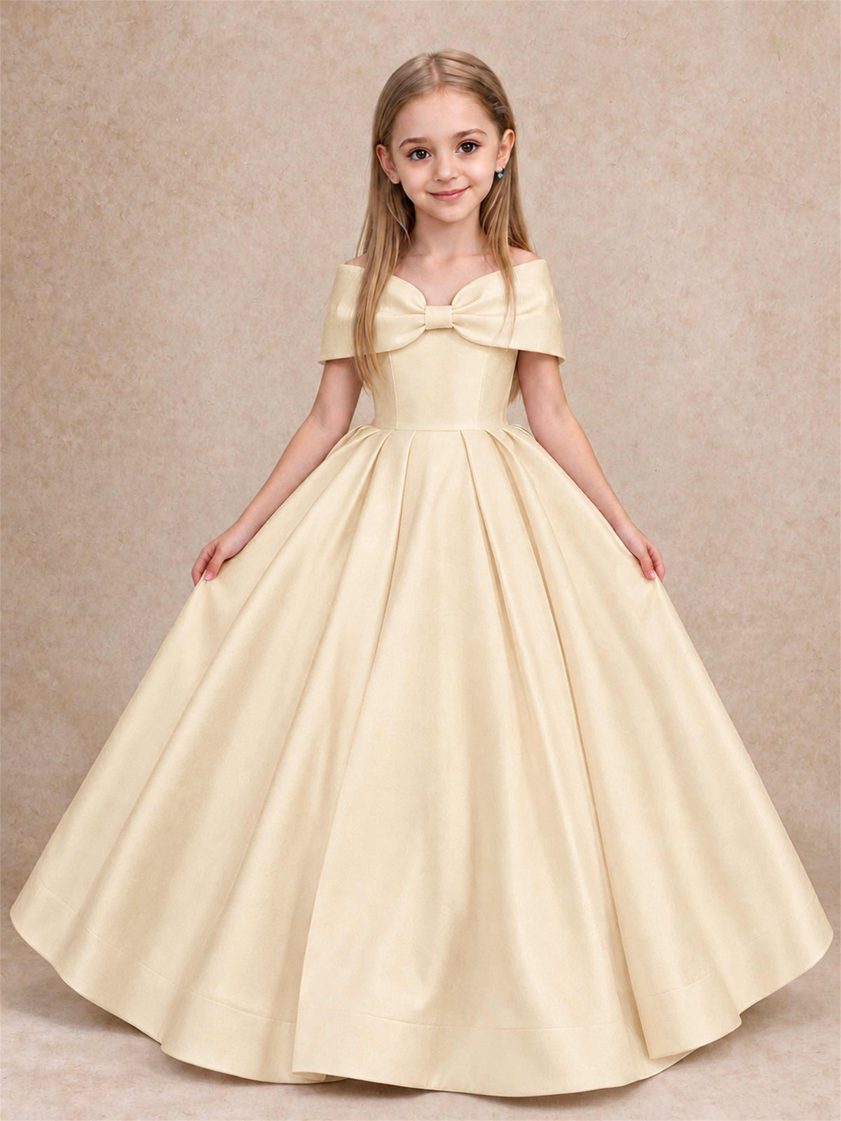 Off Shoulder Satin Flower Girl Dress with Bow Floor Length Princess Gown for Wedding First Communion