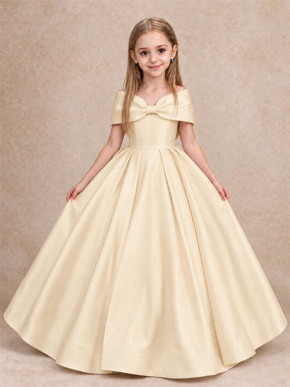 Off Shoulder Satin Flower Girl Dress with Bow Floor Length Princess Gown for Wedding First Communion