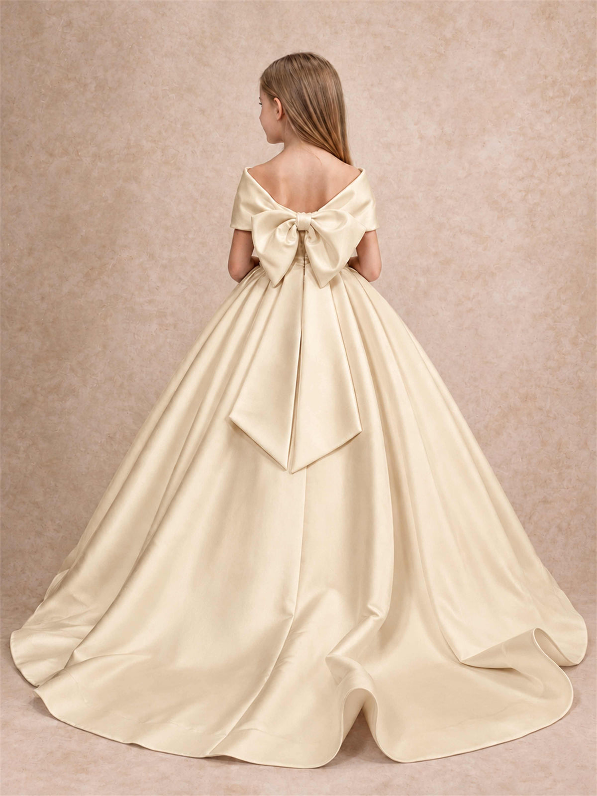Off Shoulder Satin Flower Girl Dress with Bow Floor Length Princess Gown for Wedding First Communion