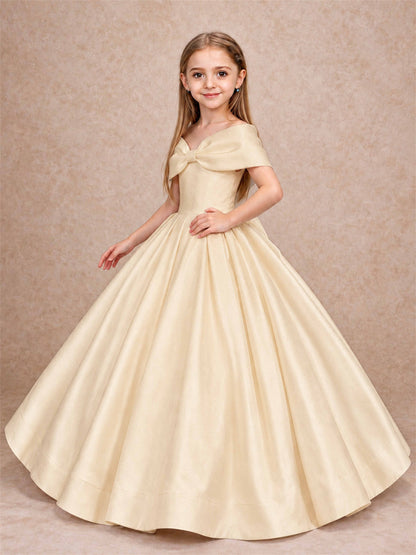 Off Shoulder Satin Flower Girl Dress with Bow Floor Length Princess Gown for Wedding First Communion