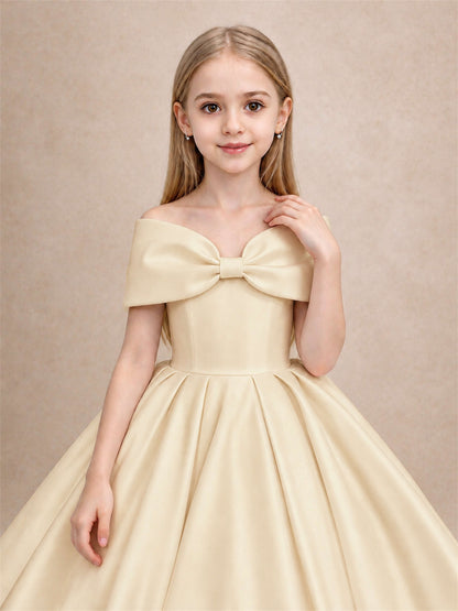 Off Shoulder Satin Flower Girl Dress with Bow Floor Length Princess Gown for Wedding First Communion