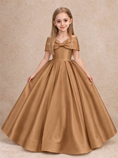 Off Shoulder Satin Flower Girl Dress with Bow Floor Length Princess Gown for Wedding First Communion