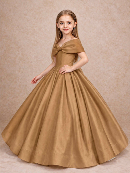 Off Shoulder Satin Flower Girl Dress with Bow Floor Length Princess Gown for Wedding First Communion