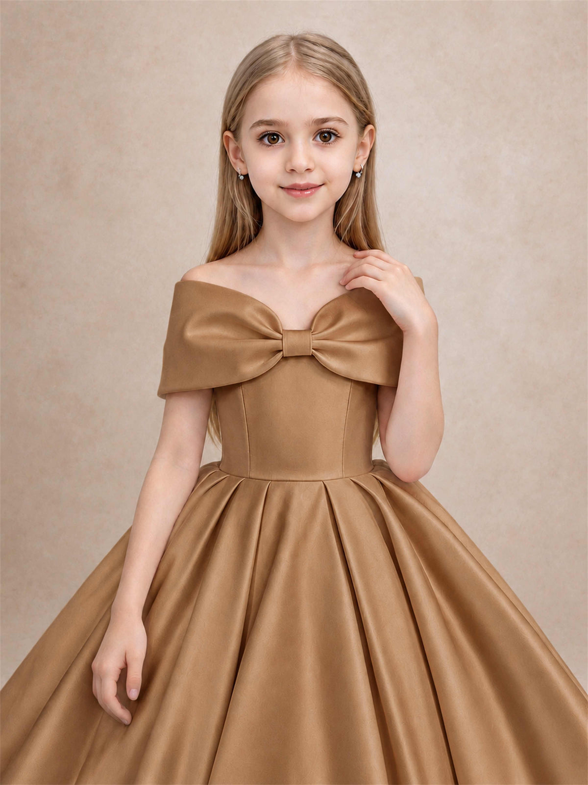 Off Shoulder Satin Flower Girl Dress with Bow Floor Length Princess Gown for Wedding First Communion