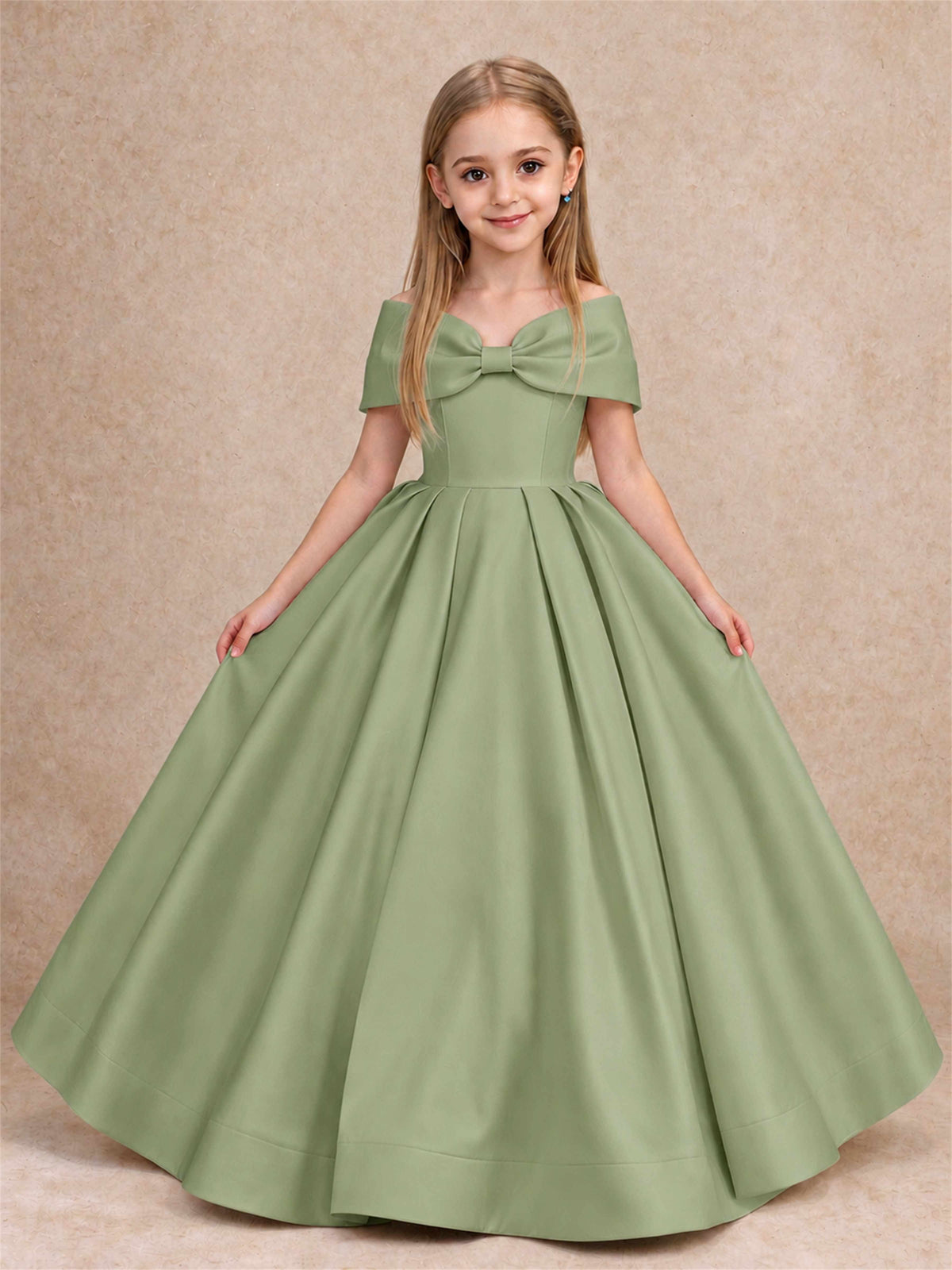 Off Shoulder Satin Flower Girl Dress with Bow Floor Length Princess Gown for Wedding First Communion