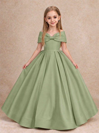 Off Shoulder Satin Flower Girl Dress with Bow Floor Length Princess Gown for Wedding First Communion