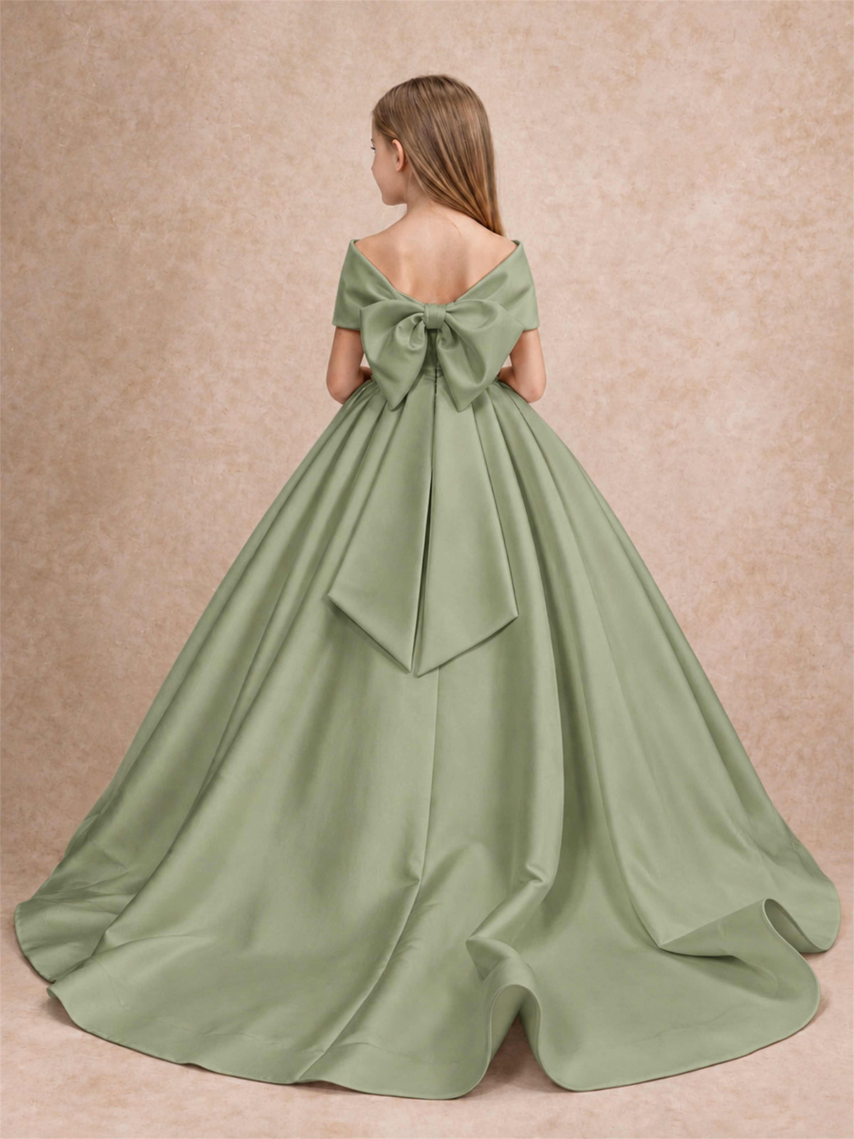 Off Shoulder Satin Flower Girl Dress with Bow Floor Length Princess Gown for Wedding First Communion