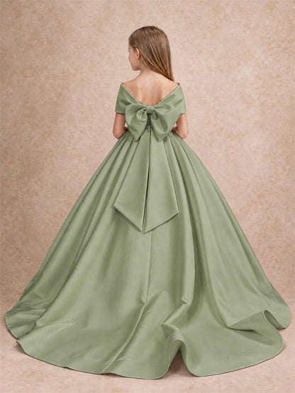 Off Shoulder Satin Flower Girl Dress with Bow Floor Length Princess Gown for Wedding First Communion