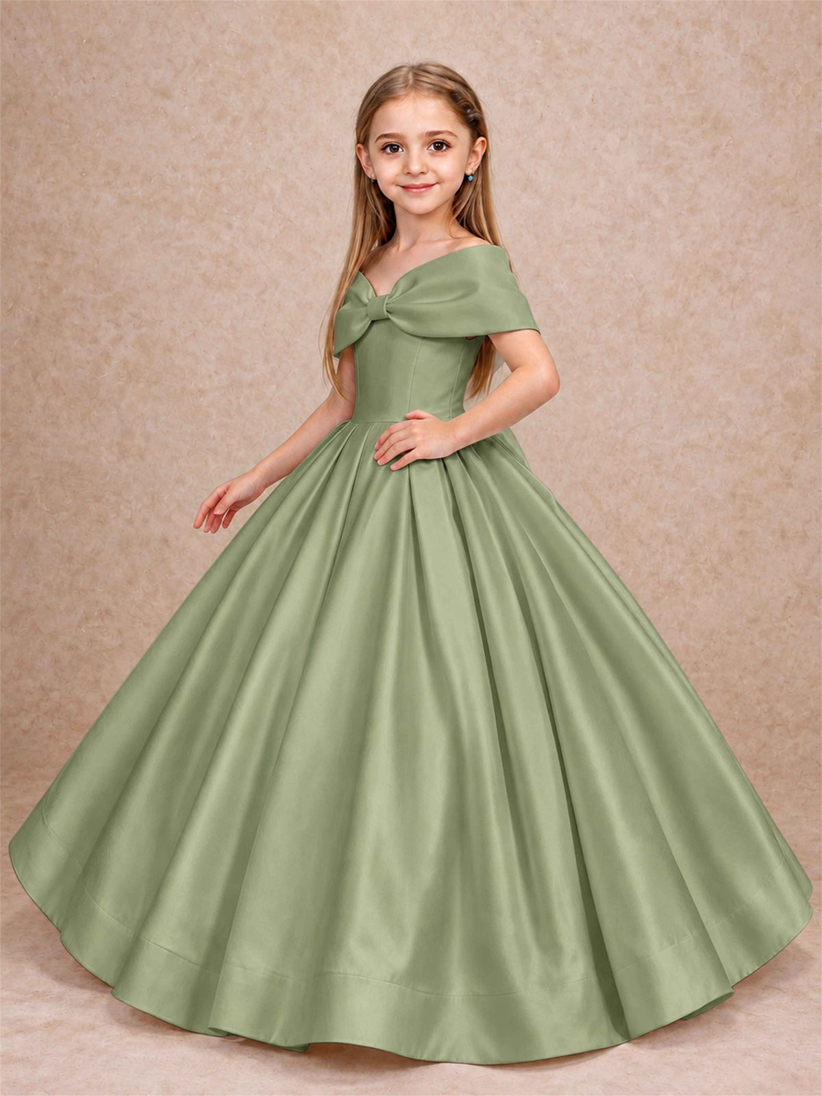 Off Shoulder Satin Flower Girl Dress with Bow Floor Length Princess Gown for Wedding First Communion