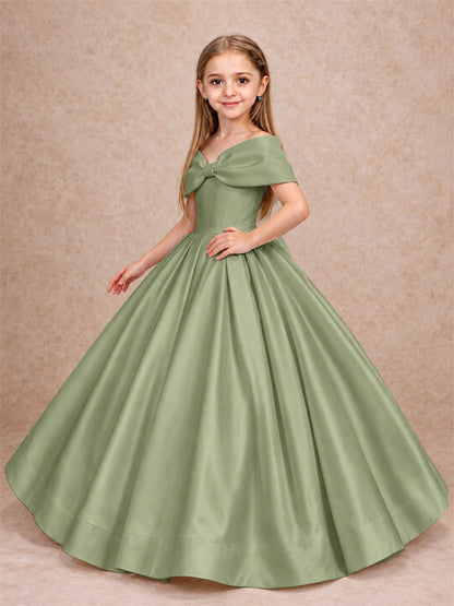 Off Shoulder Satin Flower Girl Dress with Bow Floor Length Princess Gown for Wedding First Communion