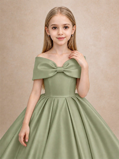Off Shoulder Satin Flower Girl Dress with Bow Floor Length Princess Gown for Wedding First Communion