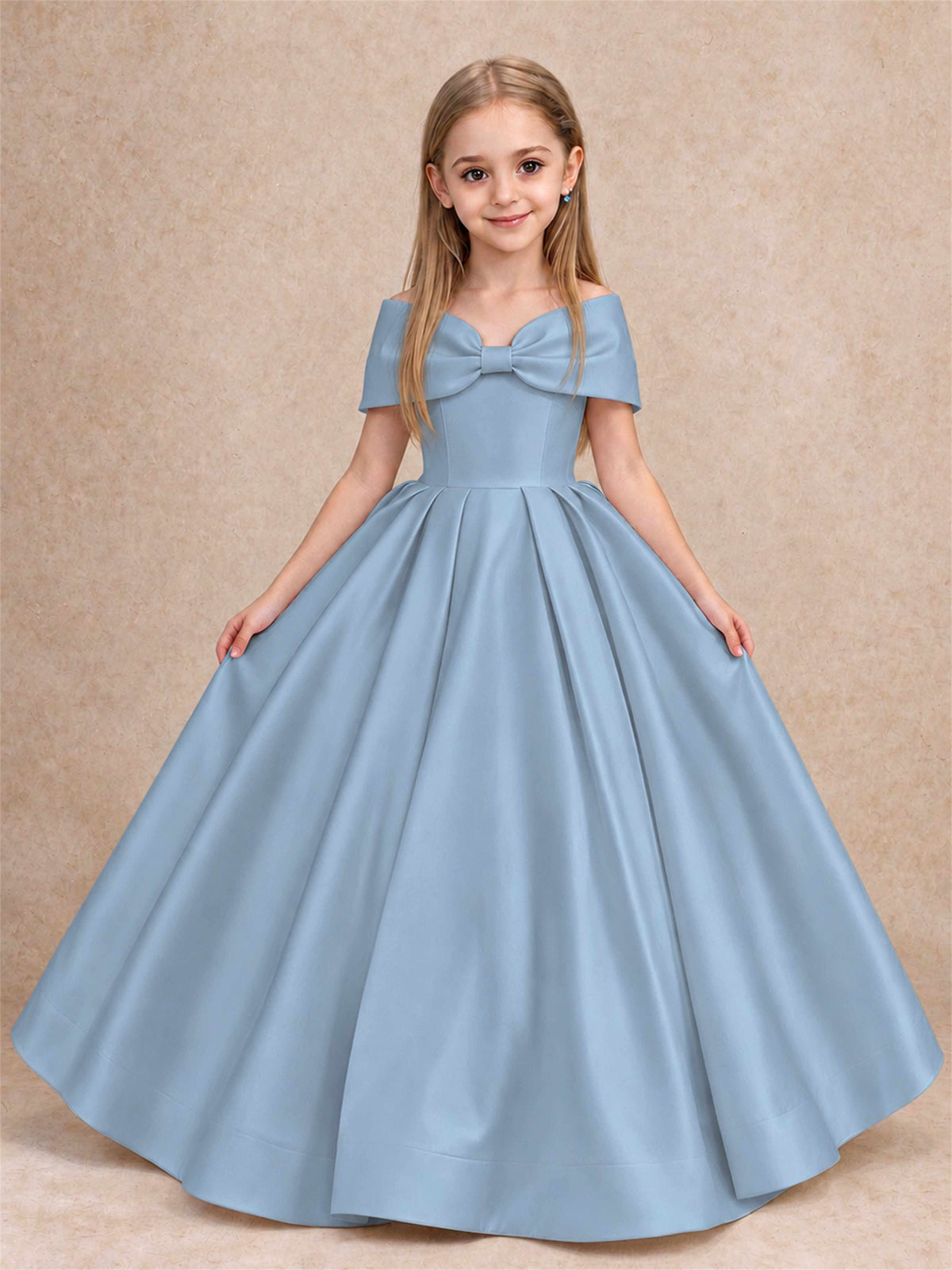 Off Shoulder Satin Flower Girl Dress with Bow Floor Length Princess Gown for Wedding First Communion
