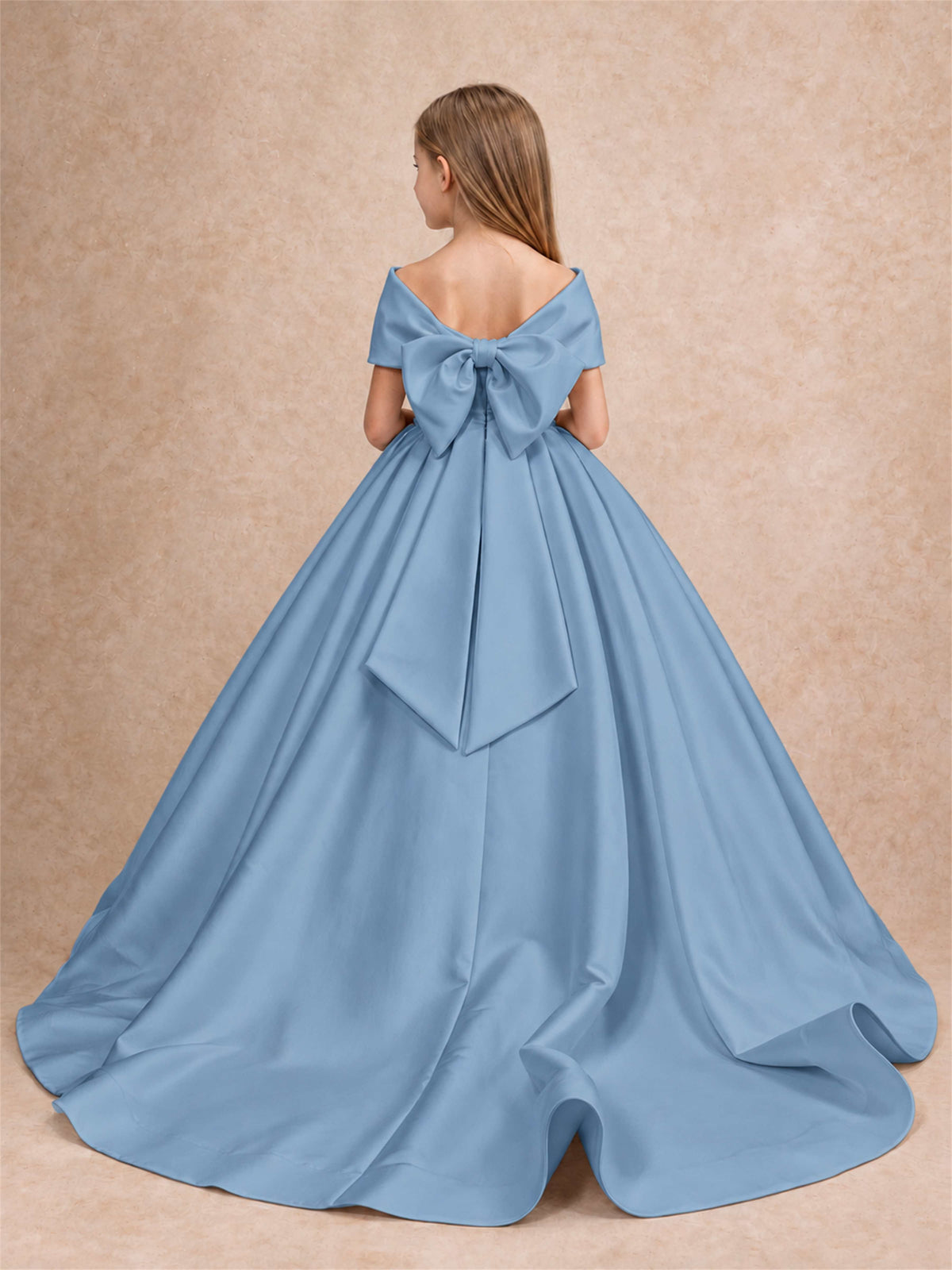 Off Shoulder Satin Flower Girl Dress with Bow Floor Length Princess Gown for Wedding First Communion