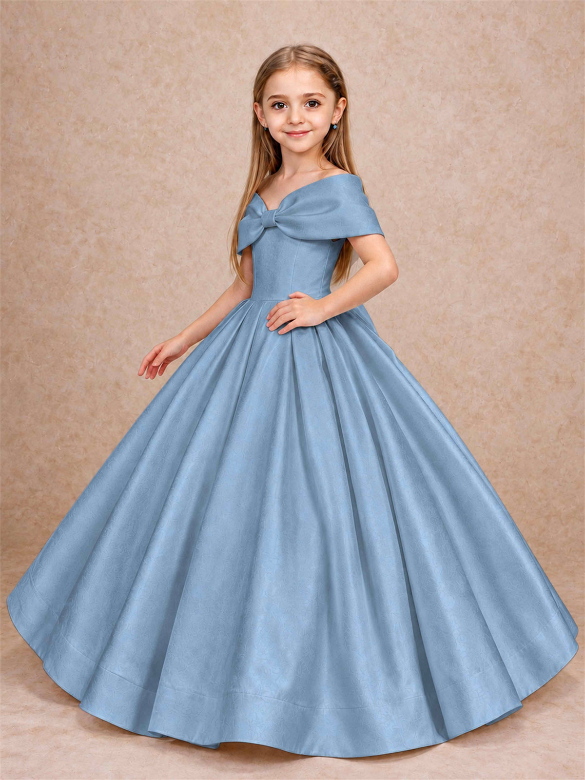 Off Shoulder Satin Flower Girl Dress with Bow Floor Length Princess Gown for Wedding First Communion