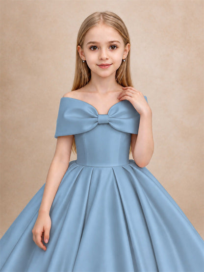 Off Shoulder Satin Flower Girl Dress with Bow Floor Length Princess Gown for Wedding First Communion