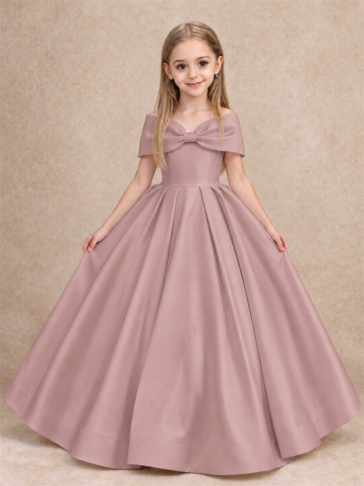 Off Shoulder Satin Flower Girl Dress with Bow Floor Length Princess Gown for Wedding First Communion