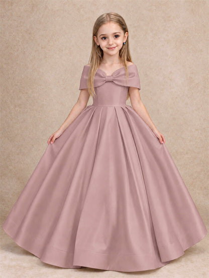 Off Shoulder Satin Flower Girl Dress with Bow Floor Length Princess Gown for Wedding First Communion