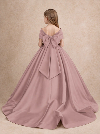 Off Shoulder Satin Flower Girl Dress with Bow Floor Length Princess Gown for Wedding First Communion
