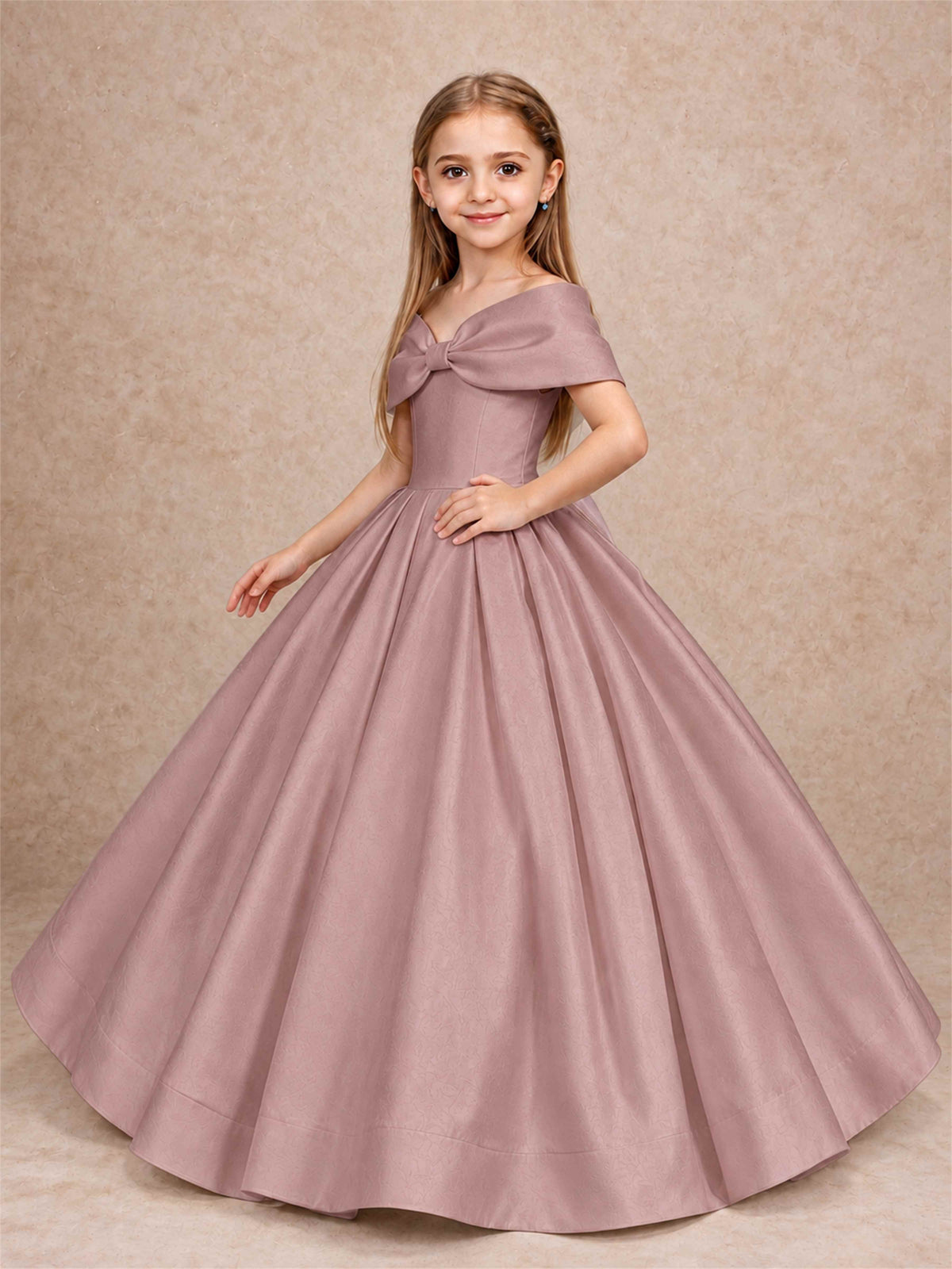 Off Shoulder Satin Flower Girl Dress with Bow Floor Length Princess Gown for Wedding First Communion