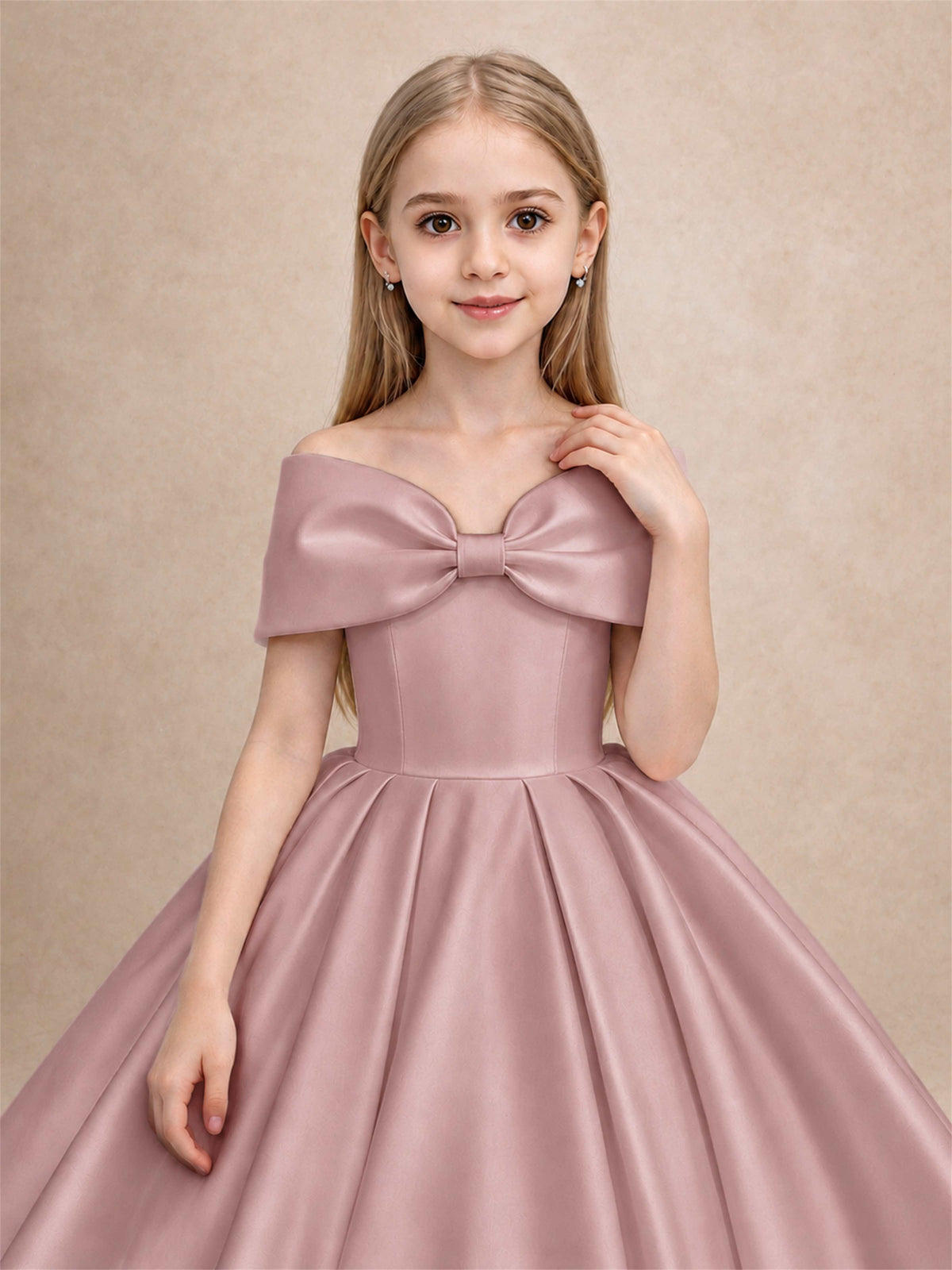 Off Shoulder Satin Flower Girl Dress with Bow Floor Length Princess Gown for Wedding First Communion