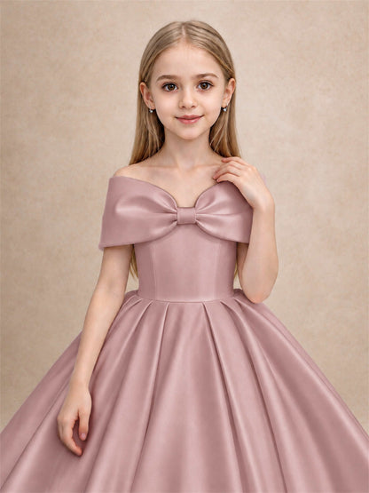 Off Shoulder Satin Flower Girl Dress with Bow Floor Length Princess Gown for Wedding First Communion