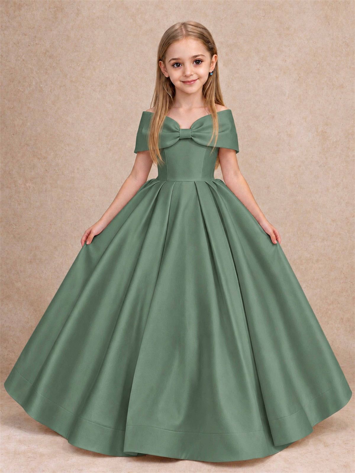Off Shoulder Satin Flower Girl Dress with Bow Floor Length Princess Gown for Wedding First Communion